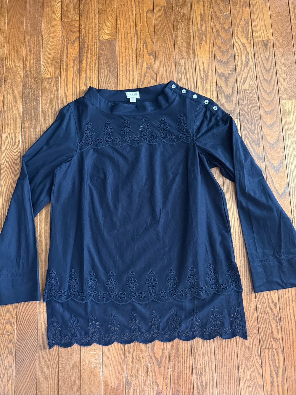 New J. Crew Navy Eyelet-Trim Long Sleeve Tee with Shoulder Buttons